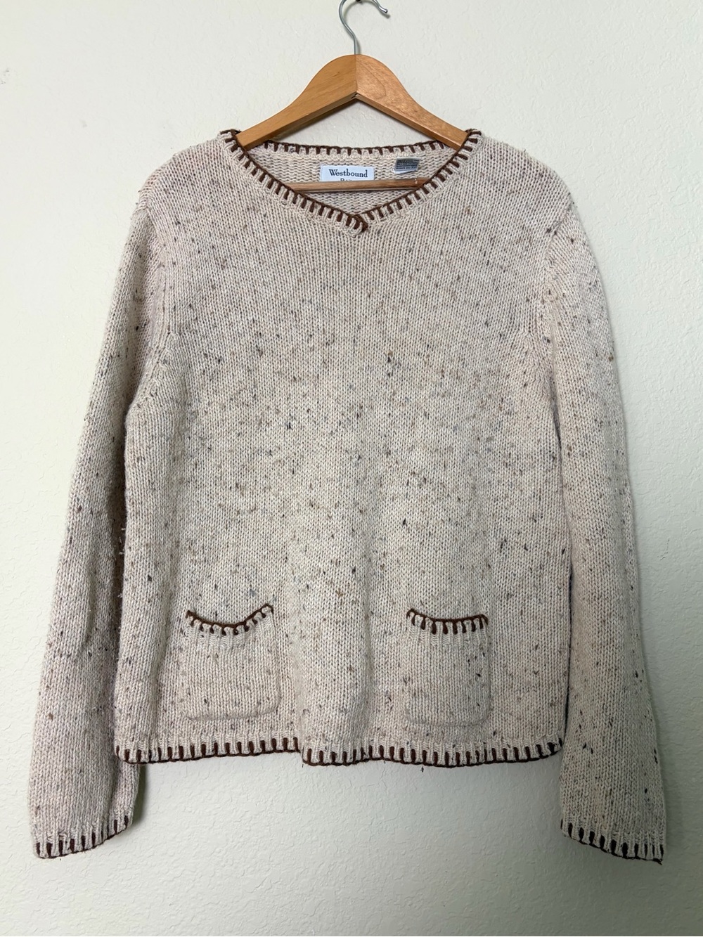 Vintage Cream Brown Embroidered Pocket Stitch Boho Nature Hippie Beachy Sweater